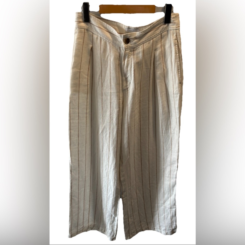 H by HALSTON Linen Wide Leg Striped Pants Size 6 White Brown High Waist Casual